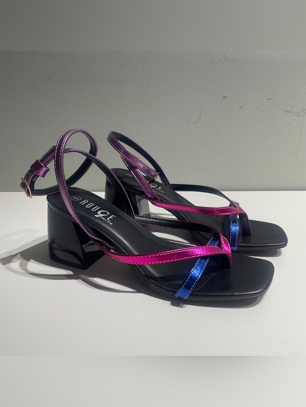 Helium Metallic Pink and Blue Strappy Block Square Heel Sandals
